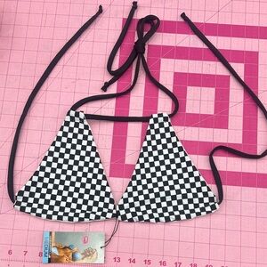 Demon Bikini Handmade Swim Black White Checkered Triangle Bikini Top Medium Nwt